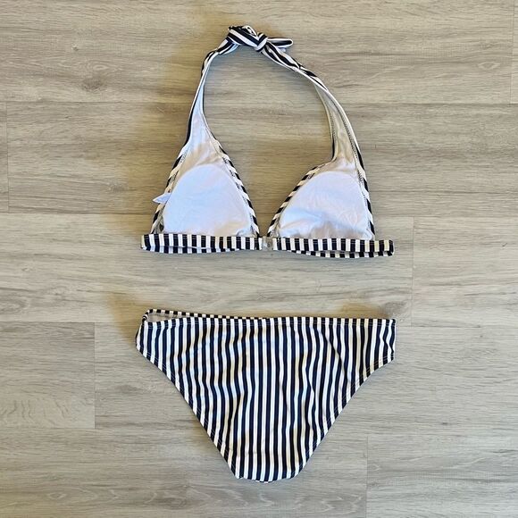 NWT Ocean 101 Bikini Two Piece Swimsuit White Navy Stripe M - Picture 3 of 6